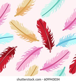 Feathers birds of different colors vector seamless pattern on a pink background for wallpaper, wrapping, packing, and backdrop.