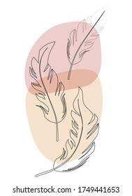Las plumas de las aves. Dibujar líneas sobre el fondo de las manchas de acuarela. Arte de línea, esbozo, tinta, dibujo a mano alzada, gráficos. Ilustración vectorial aislada en un fondo blanco.