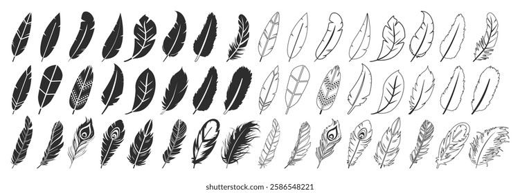 Feathers of birds icons isolated on transparent background. Feather logo in line style. Black quill feather silhouette