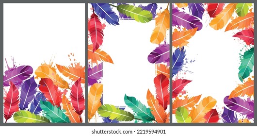 Feathers of birds, vector illustration collection of colorful set writer card background