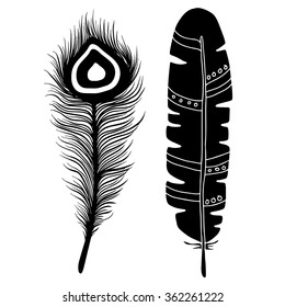 Feathers black hand drawn isolated set
