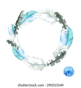 Feathers of blue bird. Wreath border. Watercolor vector for fashion design