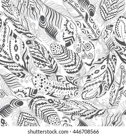 El Patrón De Feathers Boho Seamless. Textura de fondo étnico tribal. Diseño de ropa, tapiz, envolvimiento. Ornamento vectorial indio.