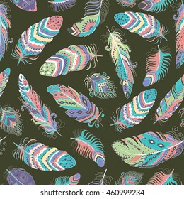 El Patrón De Feathers Boho Seamless. Textura de fondo étnico tribal. Diseño de ropa, tapiz, envolvimiento. Ornamento vectorial indio.