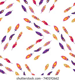 Feathers Boho Seamless Pattern. Tribal Ethnic Background Texture. Clothing Design, Wallpaper, Wrapping. Indian Ornament. Vector illustration.