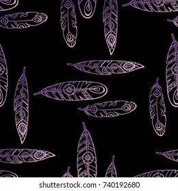 Feathers Boho Seamless Pattern. Tribal Ethnic Background Texture. Clothing Design, Wallpaper, Wrapping. Indian Ornament. Vector illustration.