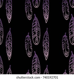 Feathers Boho Seamless Pattern. Tribal Ethnic Background Texture. Clothing Design, Wallpaper, Wrapping. Indian Ornament. Vector illustration.