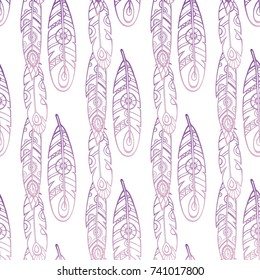 Feathers Boho Seamless Pattern. Tribal Ethnic Background Texture. Clothing Design, Wallpaper, Wrapping. Indian Ornament. Vector illustration