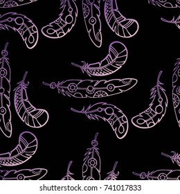 Feathers Boho Seamless Pattern. Tribal Ethnic Background Texture. Clothing Design, Wallpaper, Wrapping. Indian Ornament. Vector illustration