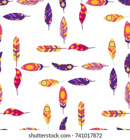 Feathers Boho Seamless Pattern. Tribal Ethnic Background Texture. Clothing Design, Wallpaper, Wrapping. Indian Ornament. Vector illustration