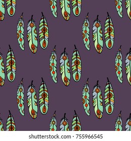 Feathers Boho Seamless Pattern. Tribal Ethnic Background Texture. Clothing Design, Wallpaper, Wrapping. Vector Indian Ornament.