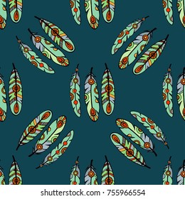 Feathers Boho Seamless Pattern. Tribal Ethnic Background Texture. Clothing Design, Wallpaper, Wrapping. Vector Indian Ornament.