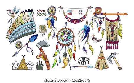 
feathers, bow, wigwam, arrows, peace pipe, flag, coat of arms, symbol, indians, Aztecs, tribe, attributes, symbol, beast footprint, smoking pipe, set of colorful elements of indian tribe