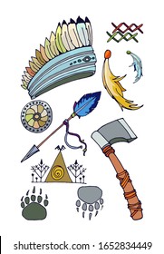 plumas, arco, wigwam, flechas, cañerías de paz, bandera, escudo de armas, símbolo, indios, aztecas, tribu, atributos, símbolo, huella de bestia, tubo humeante, conjunto de elementos coloridos de la tribu indígena