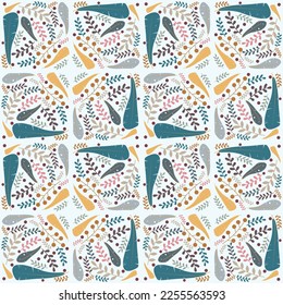 Feathers and branches pattern ornament. Endless vector texture on light blue background. Print for textile, bedding, tiles