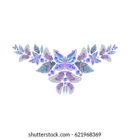 Feathers and butterflies on white background.  