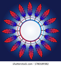 Feathers in a circle. Place for text. Colored background. The colors used are blue and red. Feathers have an unusual shape and color.