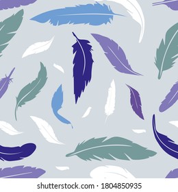 Feathers colored silhouette seamless pattern. Good for textile, wrapping, wallpapers, etc. Feathers silhouette isolated on white background. Vector illustration.