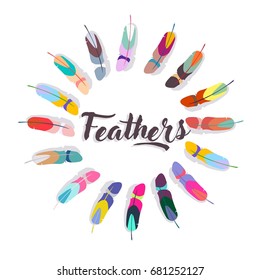 Feathers colorful vector set in a flat style.