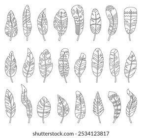 Feathers coloring page. Isolated outlined feather for relax and meditation. Cutting template, boho style tribal elements neoteric vector clipart