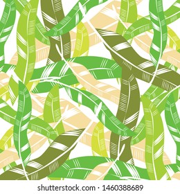 Feathers combined in pattern like a exotic jungle full of tropical plants with big leaves. Green and pink pattern for fabric design and decorations. Stylized feathers. Design created in summer mood.