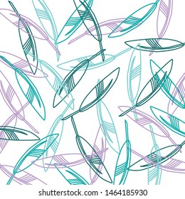 Feathers combined in pattern in turqouise and violet colors on white background. Simple line drawn pattern for fabric design and decorations. Stylized feathers. Design created in colors of ocean