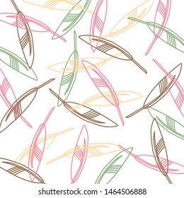 Feathers combined in pattern in turqouise and violet colors on white background. Simple line drawn pattern for fabric design and decorations. Stylized feathers. Design created in colors of ocean