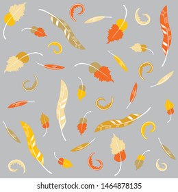 Feathers combined in pattern in warm colors.  Sunny elegant design created in autumn mood. Orange, red, yellow, nude stylized feathers on grey like sky background for fabric design and decorations.