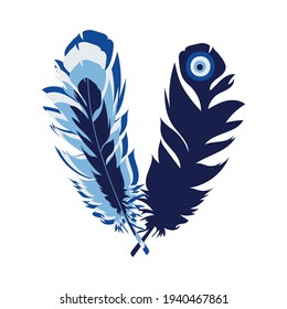 Feathers creative in blue tones with an amulet. Turkish amulet against the evil eye. Blue eye. Guardian Nazar. Vector graphics.