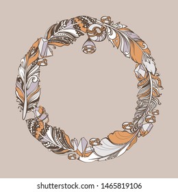 Feathers, crystals and beads ethnic native elements. Sketch texture for poster, print. Creative bohemia concept for wedding invitations,  emblem. Vector hand drawn wreath or decorative ethnic frame.