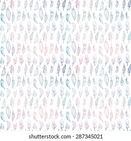 Feathers delicate hand drawn background, vector seamless pattern