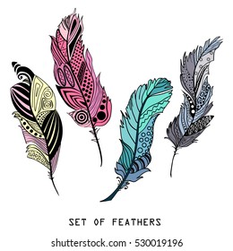 Feathers. Design Zentangle. Hand drawn feathers with abstract patterns on isolation background. Colored set