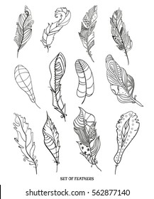 Feathers. Design Zentangle. Hand drawn feathers with abstract patterns on isolation background. Design for spiritual relaxation for adults.  Black and white illustration for coloring.