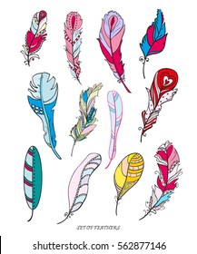 Feathers. Design Zentangle. Hand drawn colored feathers with abstract patterns on isolation background. Design for spiritual relaxation for adults. 