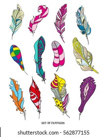 Feathers. Design Zentangle. Hand drawn colored feathers with abstract patterns on isolation background. Design for spiritual relaxation for adults. 