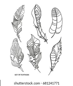 Feathers. Design Zentangle. Hand drawn feathers with patterns on isolation background. Design for spiritual relaxation for adults. Black and white illustration for coloring. Print for polygraphy