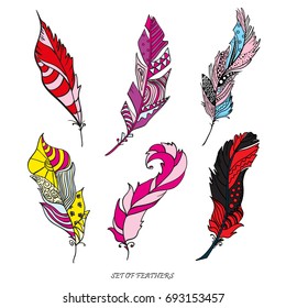 Feathers. Design Zentangle. Hand drawn feathers with abstract patterns on isolation background. Design for spiritual relaxation for adults. Decorative style. Print for polygraphy, posters and textiles