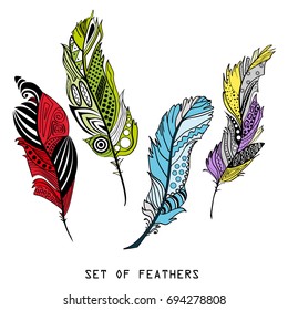 Feathers. Design Zentangle. Hand drawn feathers with abstract patterns on isolation background. Design for spiritual relaxation for adults. Decorative style. Print for polygraphy, posters and textiles