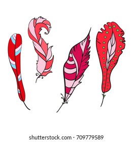 Feathers. Design Zentangle. Hand drawn feather with abstract patterns on isolation background. Design for spiritual relaxation for adults. Print for textiles, fabrics, polygraphy, posters. Zen art