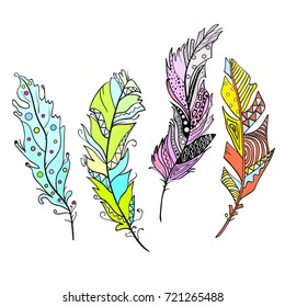 Feathers. Design Zentangle. Hand drawn feather with abstract patterns on isolation background. Design for spiritual relaxation for adults. Print for textiles, fabrics, polygraphy, posters. Zen art