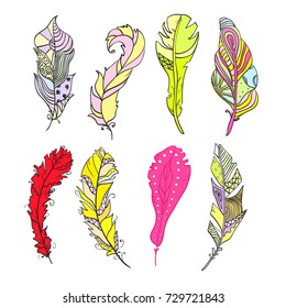 Feathers. Design Zentangle. Hand drawn feather with abstract patterns on isolation background. Design for spiritual relaxation for adults. Print for textiles, t-shirts, fabrics, polygraphy, posters