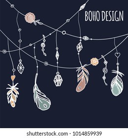 Feathers with diamonds and flowers in boho style isolated on dark blue background. Tribal doodle vector illustration.