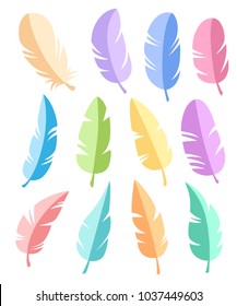 Feathers of different shapes vector set. Icons feathers in a flat style. Isolated on a white background. Collection of silhouettes of colorful feathers.