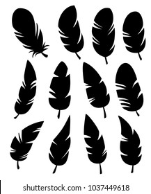 Feathers of different shapes vector set in a flat style. Icons feathers isolated on a white background. Collection of silhouettes of black feathers