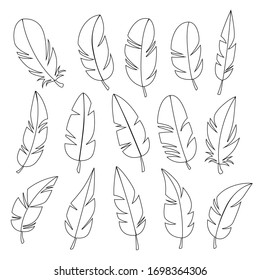 Feathers of different shapes vector set outline icons set flat vector illustration isolated on white background