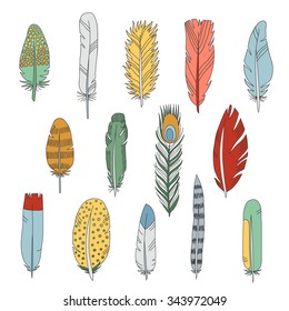 Feathers doodle multicolored icons vector set. 