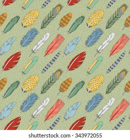 Feathers doodle multicolored seamless pattern. Cartoon naive style. 