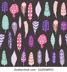 Feathers doodle vector seamless pattern.