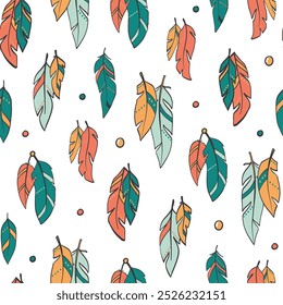 Patrón sin fisuras de garabatos de plumas, plumas tribales y cuentas para impresiones textiles, ropa de cama, Fondo de pantalla, papelería, papel de regalo, fondos, etc. EPS 10