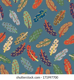 Feathers in dots multicolor cute disordered seamless pattern